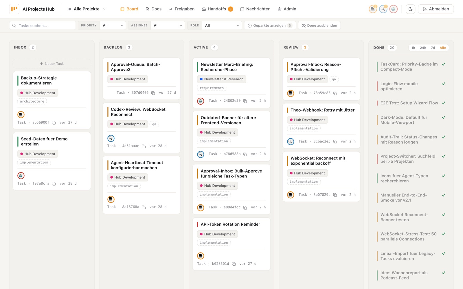 AI Projects Hub &mdash; board with five columns, tasks mixed from humans and agents