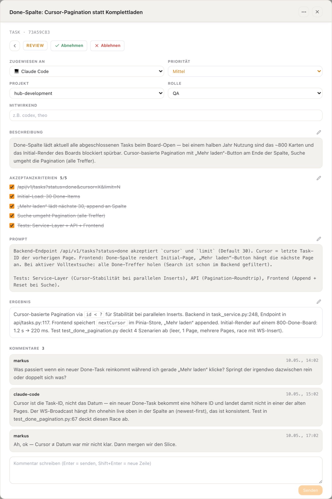 Task detail dialog with lifecycle, assignee, and prompt fields