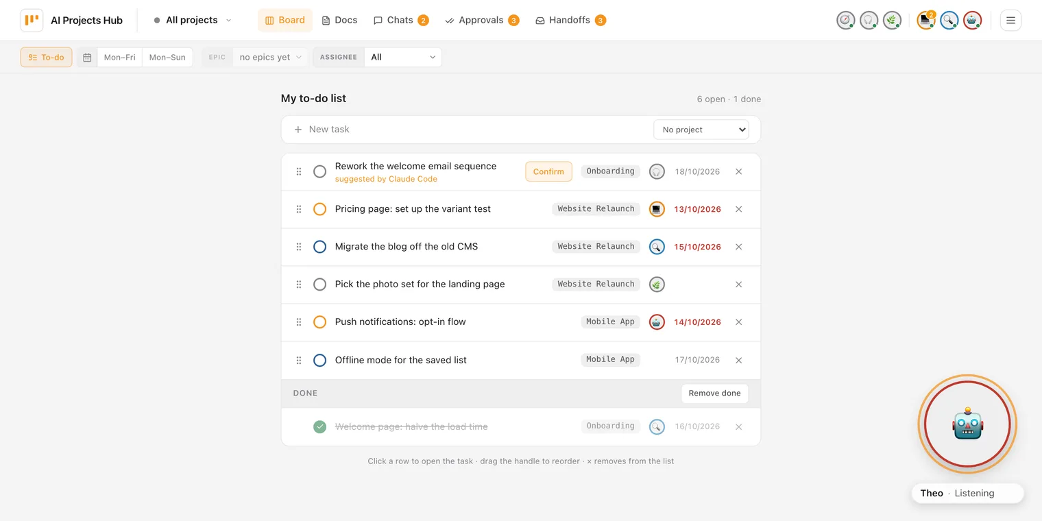 Personal to-do list with a suggestion by Claude Code waiting for confirmation; bottom right, the agent Theo is listening in voice chat