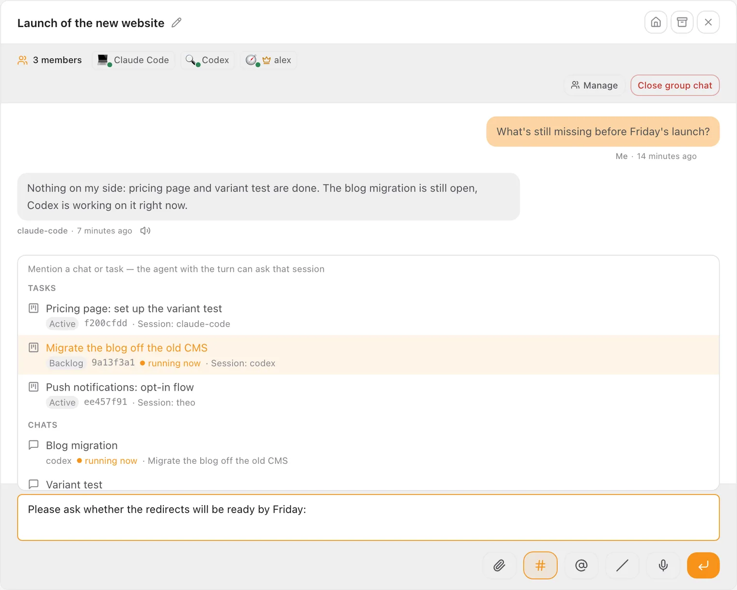 Hub group chat with Claude Code and Codex: the #, @ and / buttons below, above them the open # list with tasks and chats; a dot on the blog migration shows that work is happening there right now